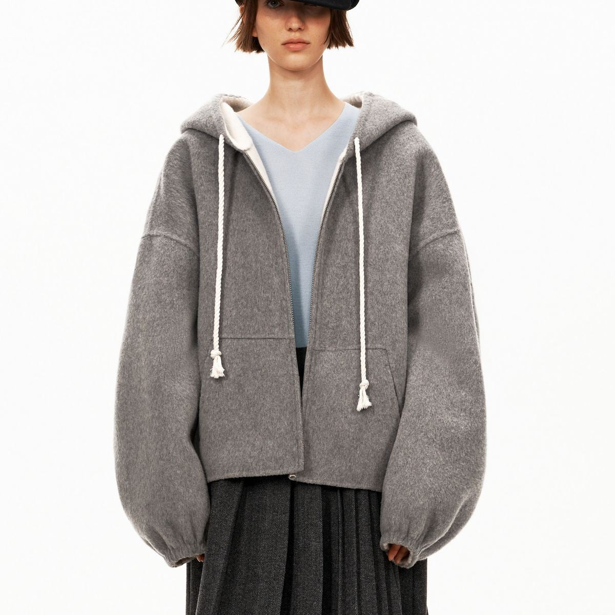 PUKI Double Faced Wool Hooded Jacket in Gray - On Model