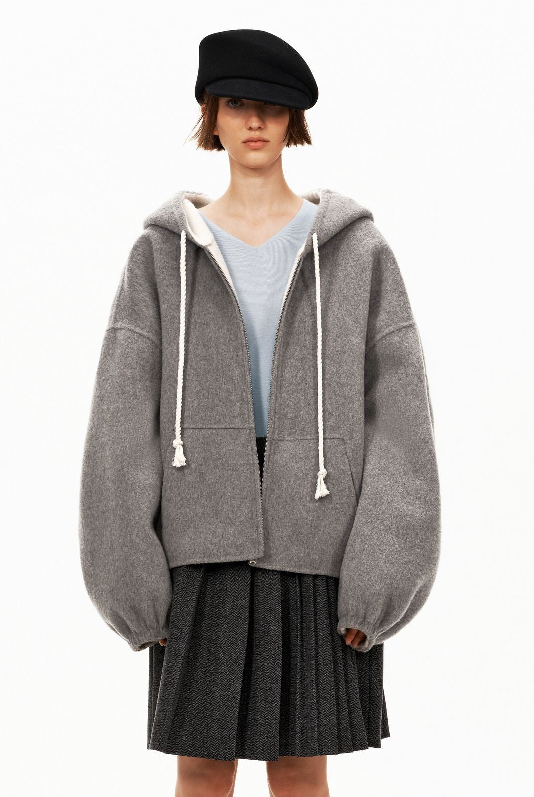 PUKI Double Faced Wool Hooded Jacket in Gray - On Model