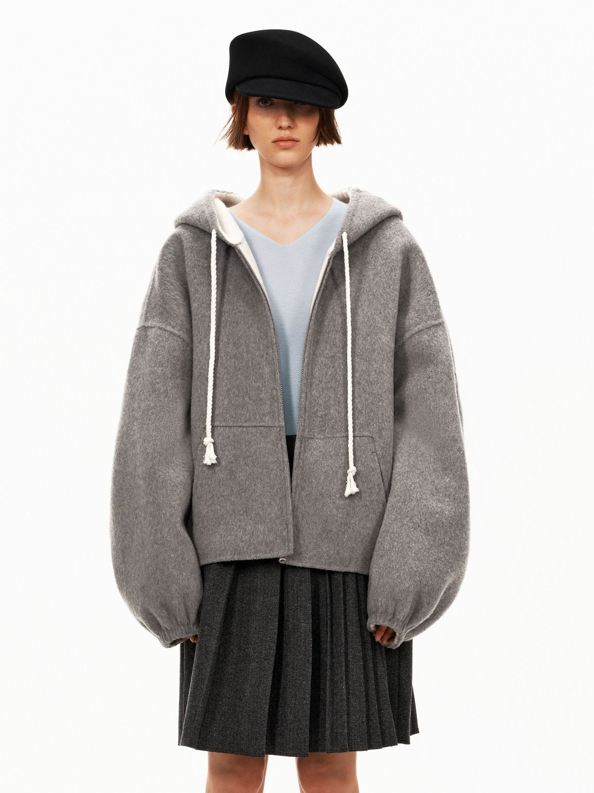 PUKI Double Faced Wool Hooded Jacket in Gray - On Model