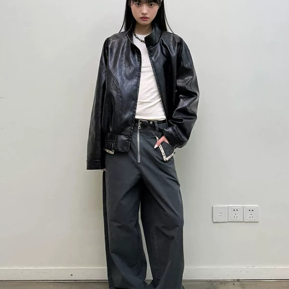 NeverSeez Stand Collar Faux Leather Jacket in Black - On Model