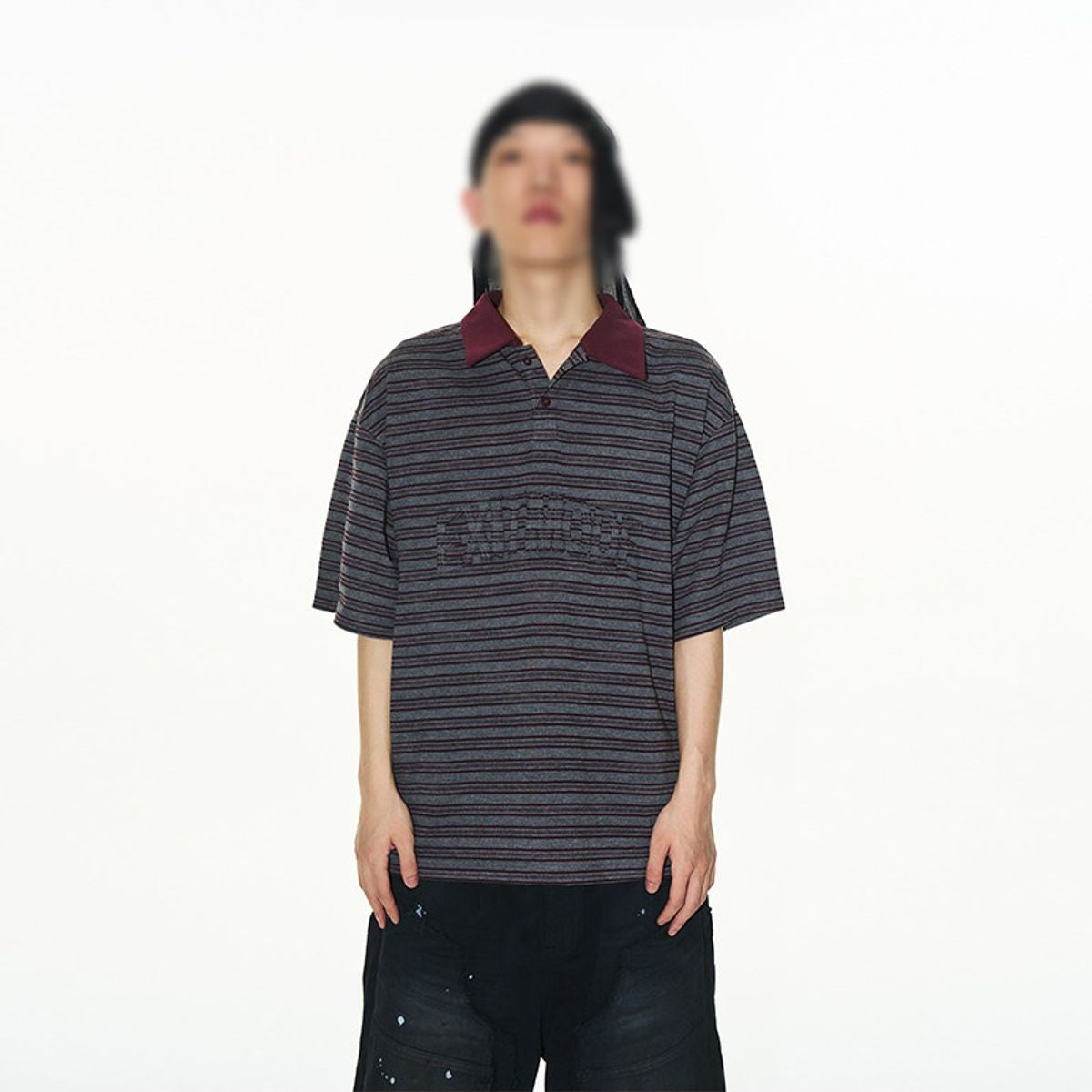 BLINDNOPLAN Striped Raw Edge Appliqu Polo in Gray - On Model