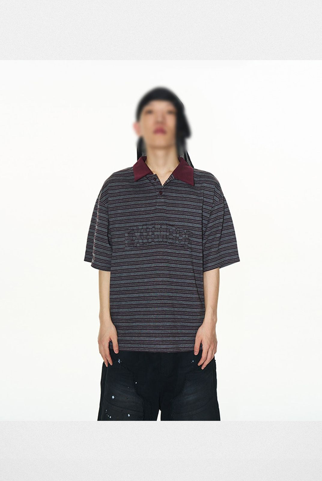 BLINDNOPLAN Striped Raw Edge Appliqu Polo in Gray - On Model