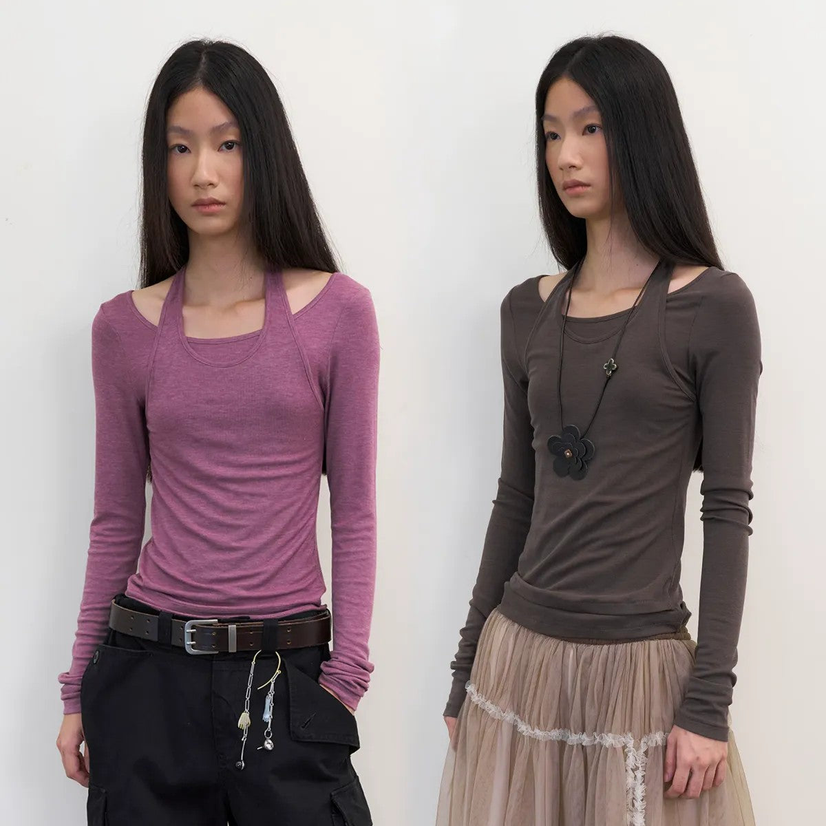 NeverSeez Spliced Neck Lyocell Blend Top in Purple - On Model