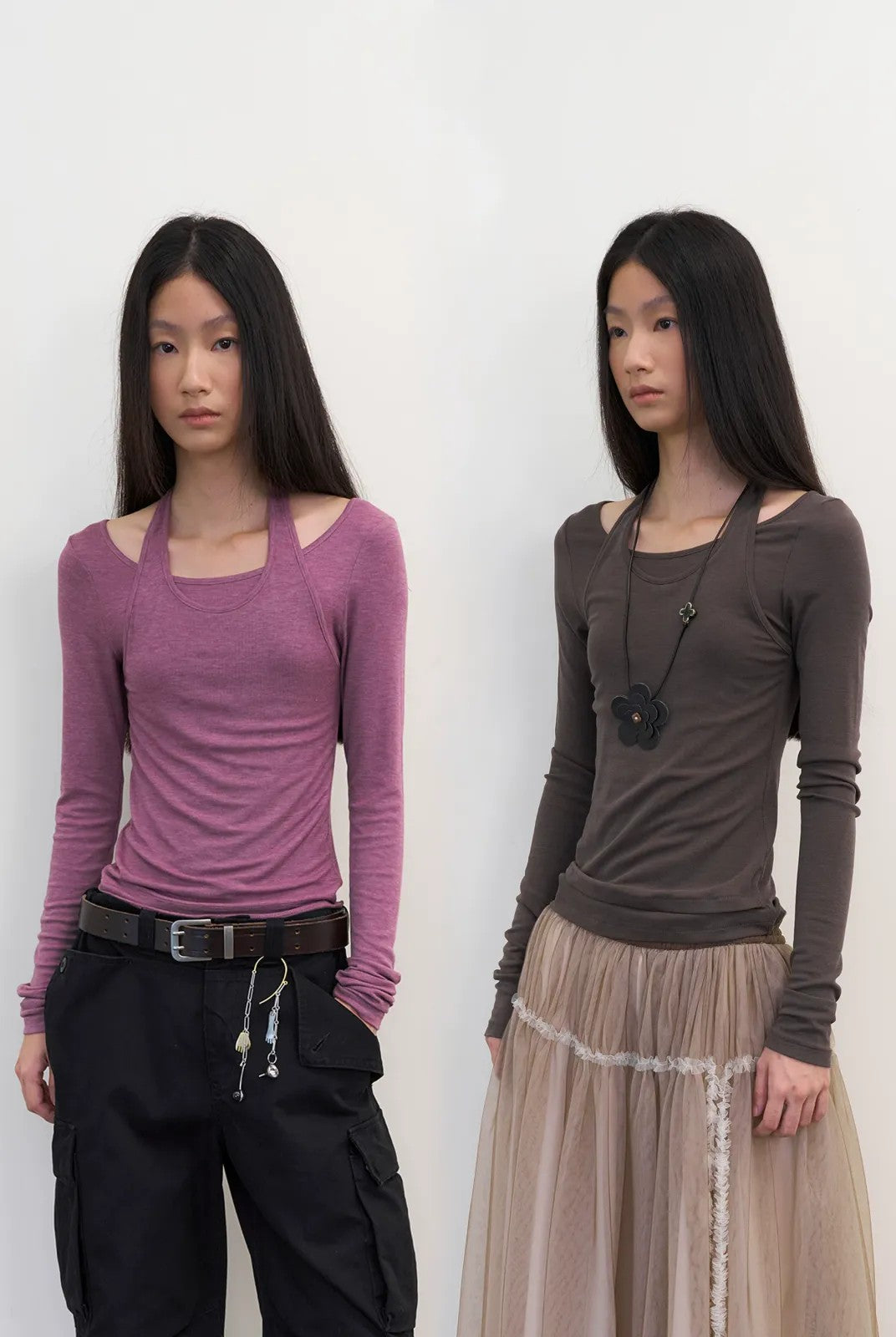 NeverSeez Spliced Neck Lyocell Blend Top in Purple - On Model