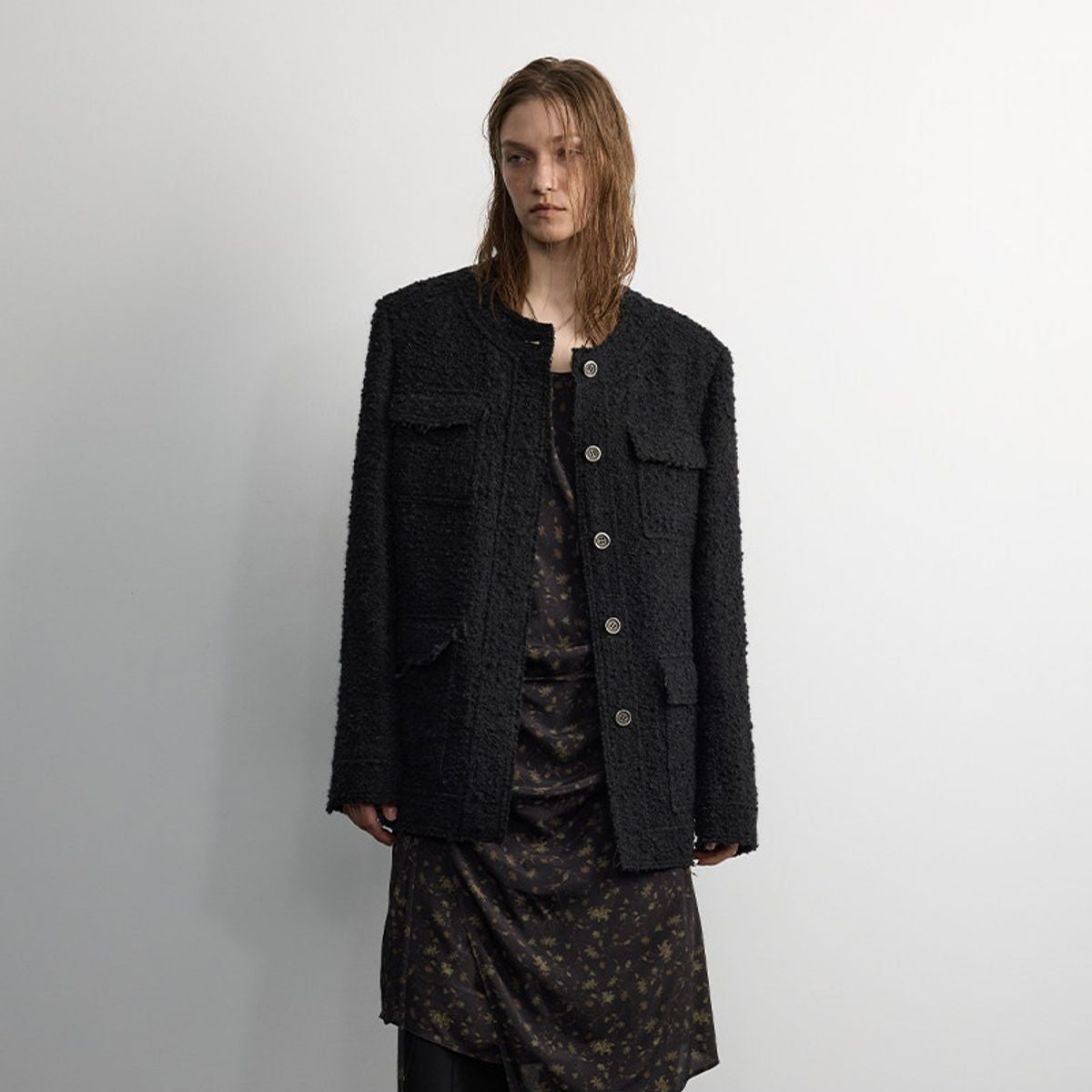 RandomPiece Raw Edge Collarless Boucl Blazer in Black - On Model