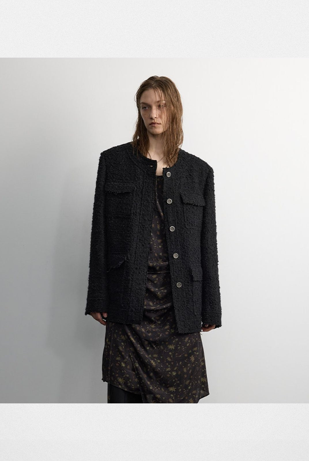 RandomPiece Raw Edge Collarless Boucl Blazer in Black - On Model