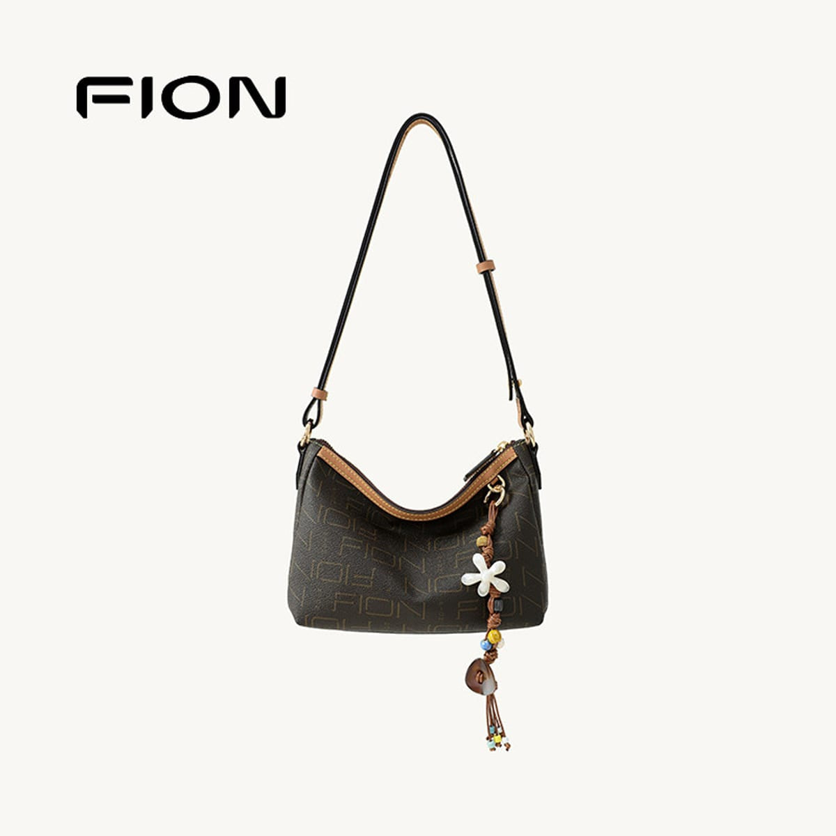 FION Monogram Coated Canvas Hobo Bag in Brown
