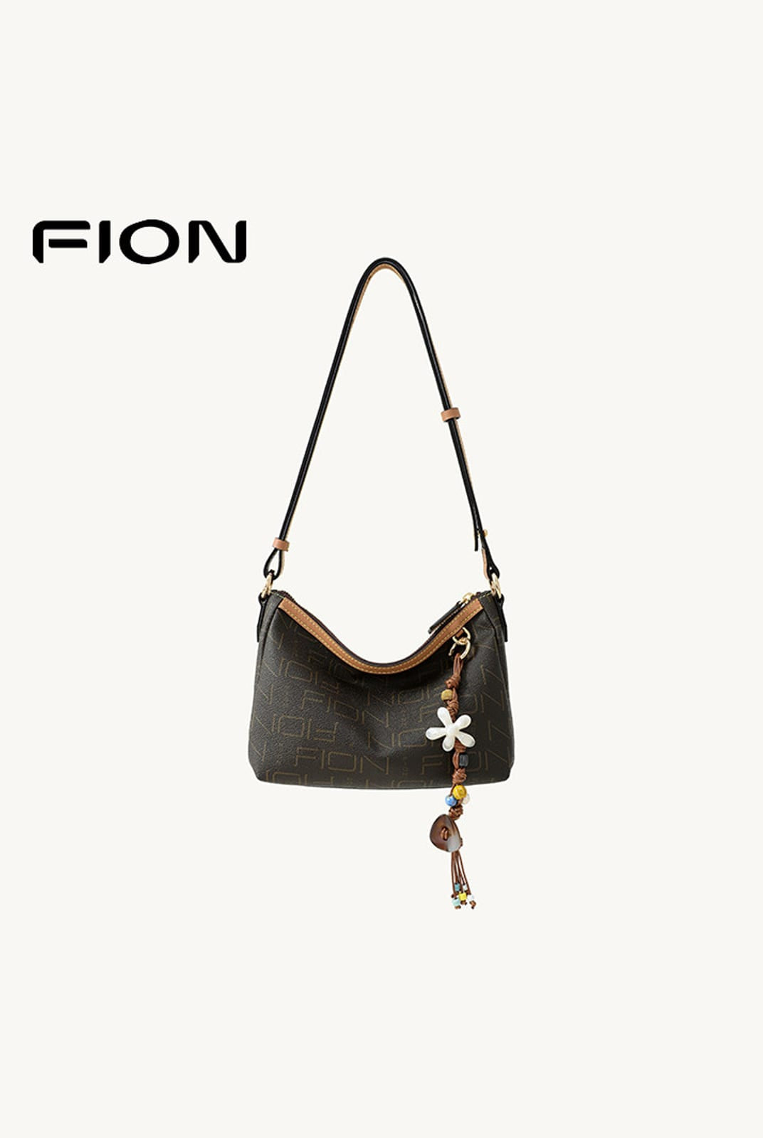 FION Monogram Coated Canvas Hobo Bag in Brown