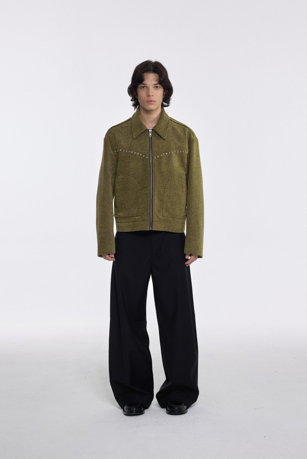 AFterTaste Studded Wool Blend Zip Jacket in Olive - On Model