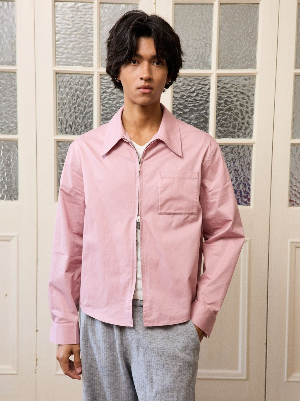 Retro 21 Pink Beige Double Zip Cotton Shirt in Off-White - On Model