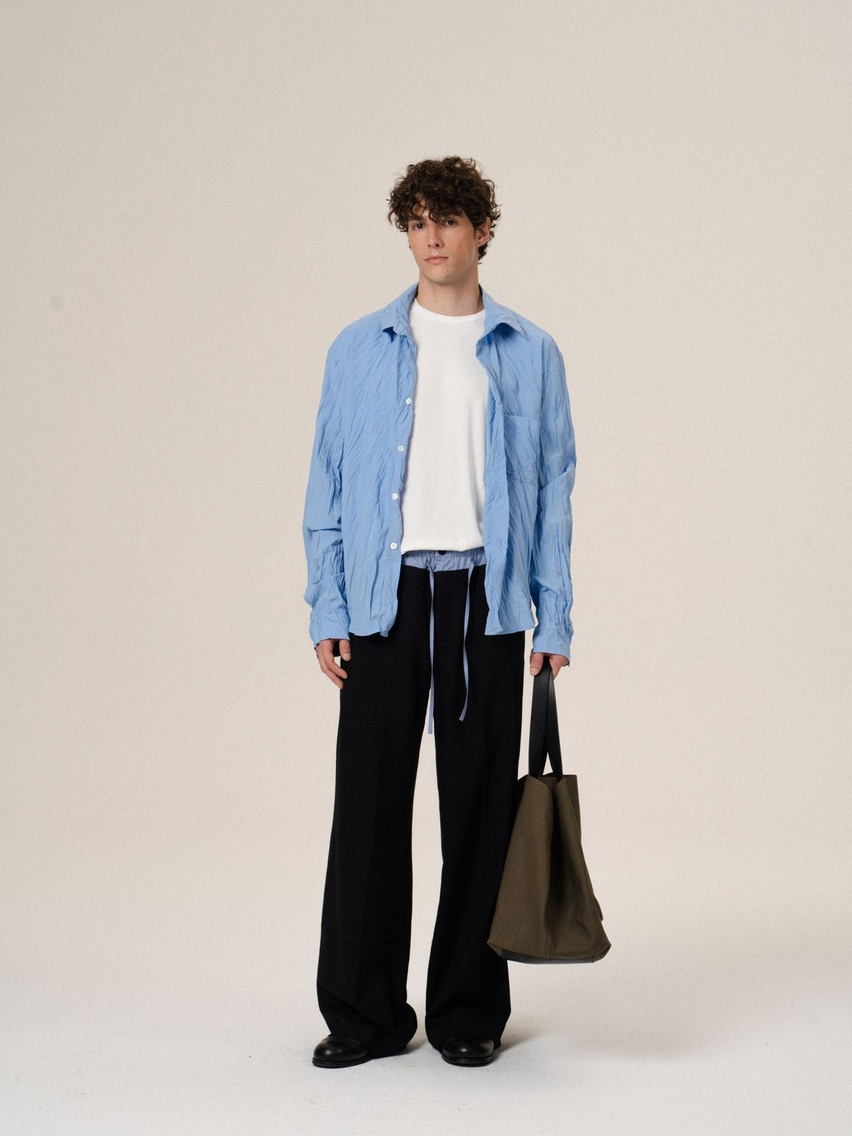Retro 21 Pleated Bamboo Rayon Shirt in Blue - On Model