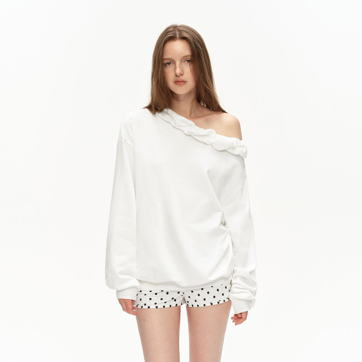 PUKI Twisted Trim Off Shoulder Sweatshirt in White - On Model