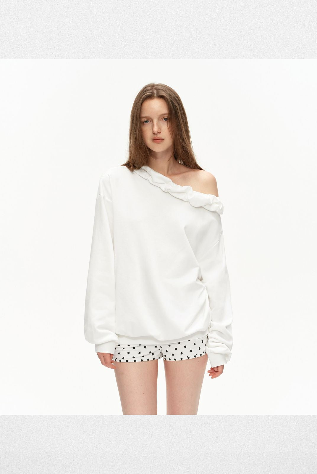 PUKI Twisted Trim Off Shoulder Sweatshirt in White - On Model