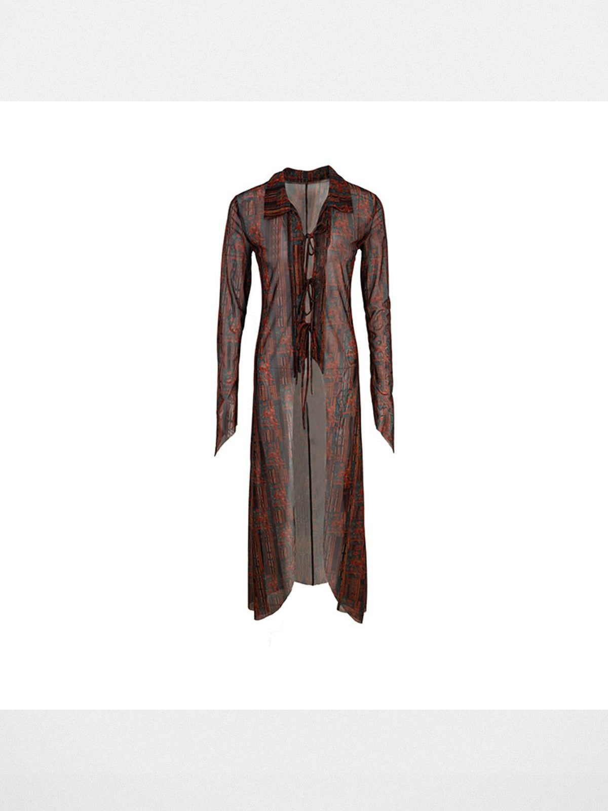 THELIGHT OFFICIAL Printed Mesh Tie Front Maxi Cardigan in Red