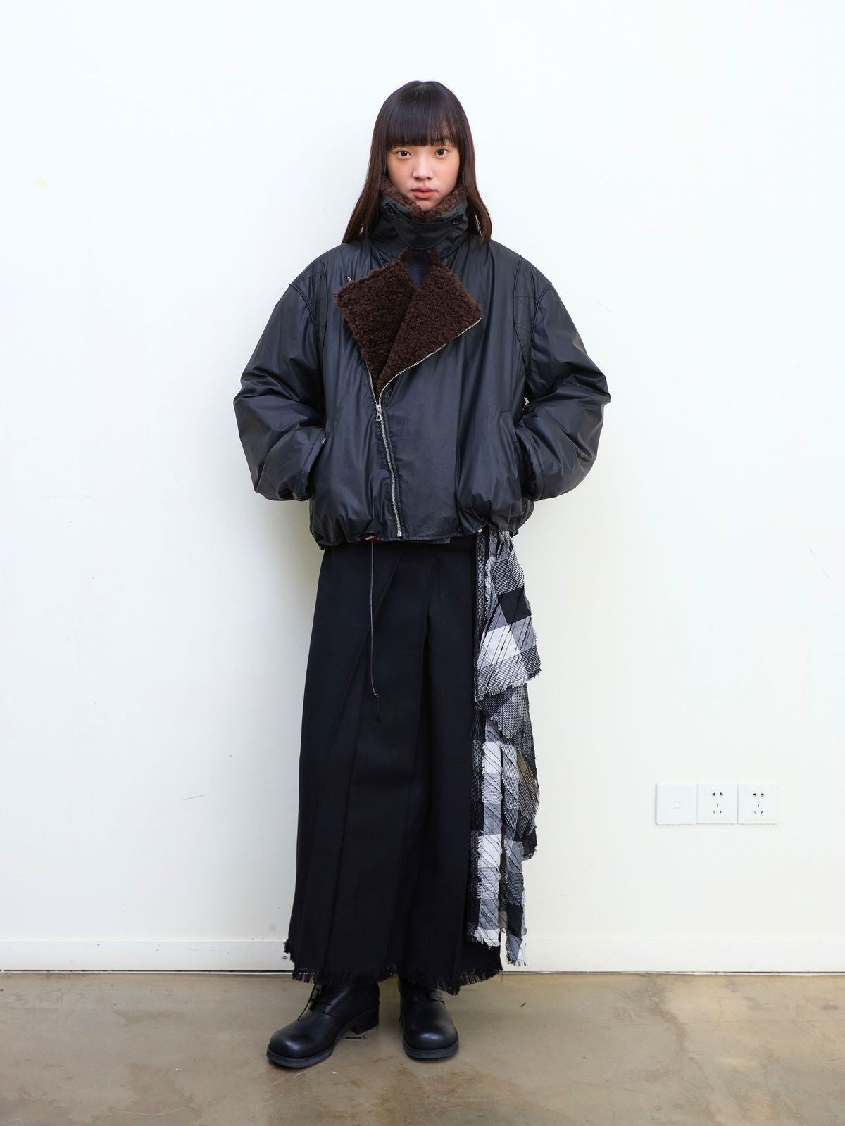 NeverSeez Asymmetric Zip Sherpa Collar Jacket in Black - On Model