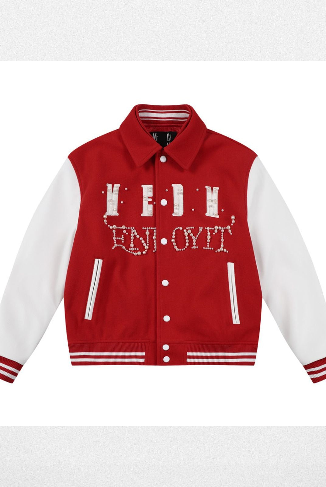 MEDM Pearl Logo Collared Varsity Jacket in Red