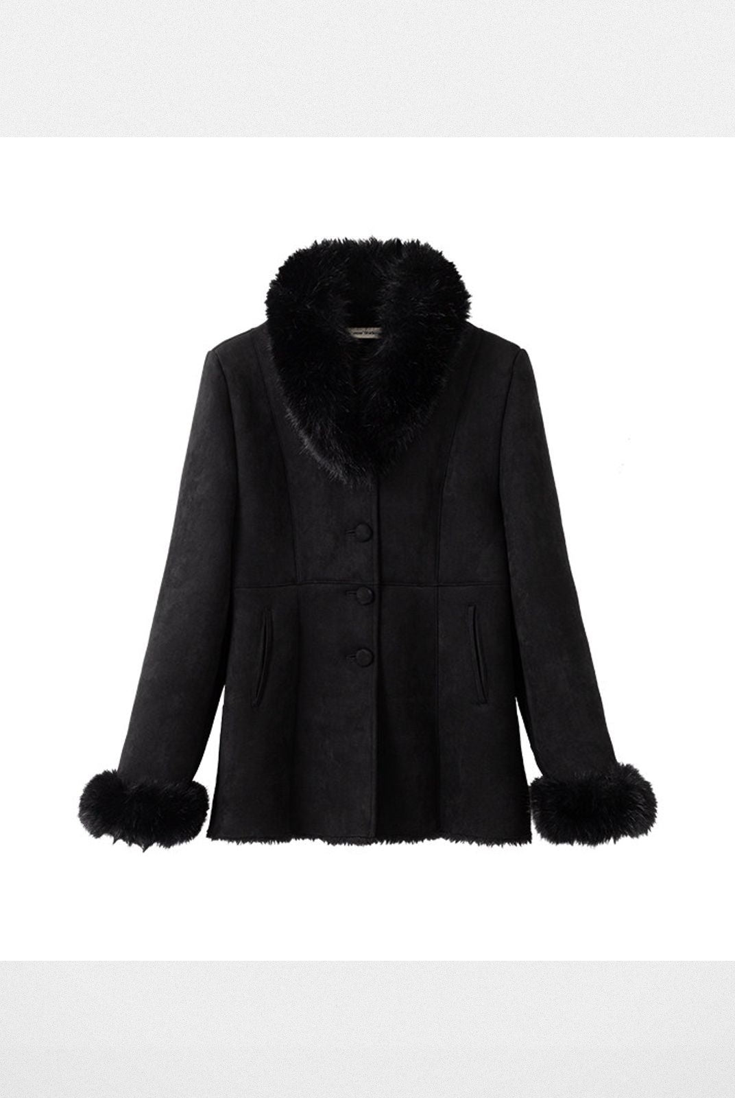 ACSENSE STUDIO Faux Suede Jacket with Faux Fur Collar in Black