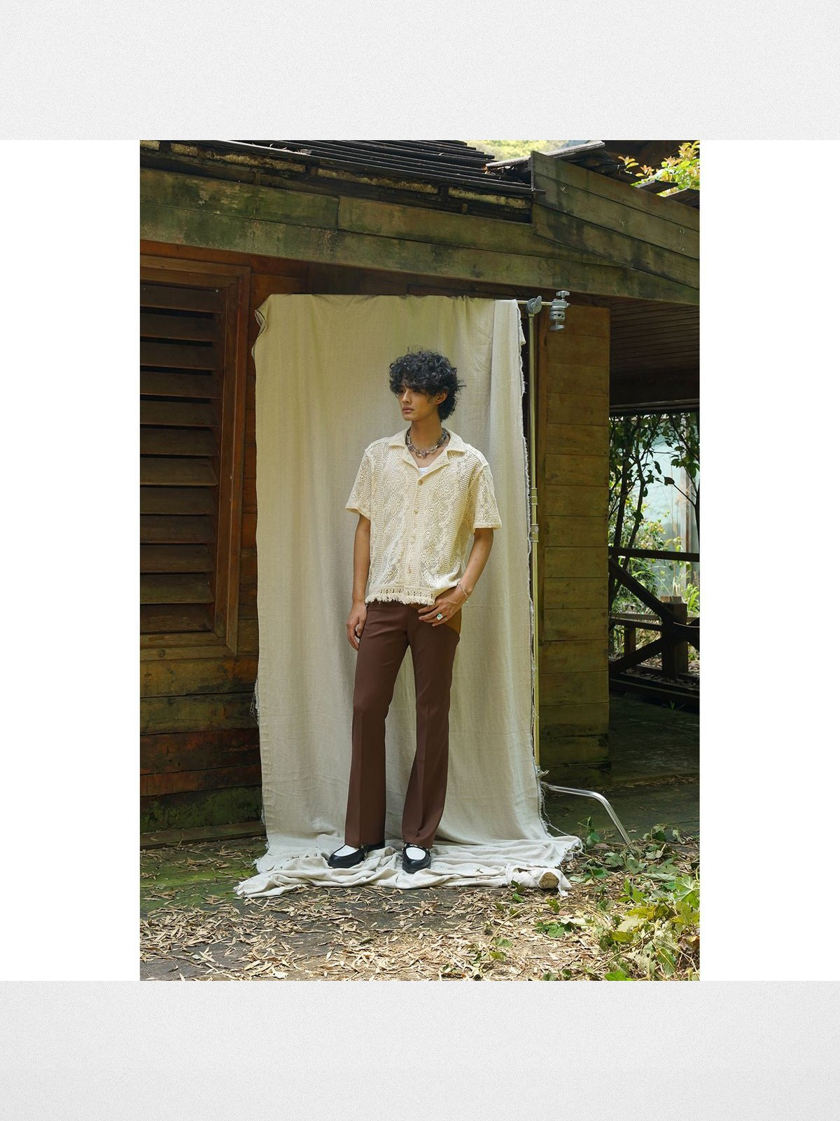 Retro 21 Fringed Lace Knit Cuban Collar Shirt in White - On Male Model