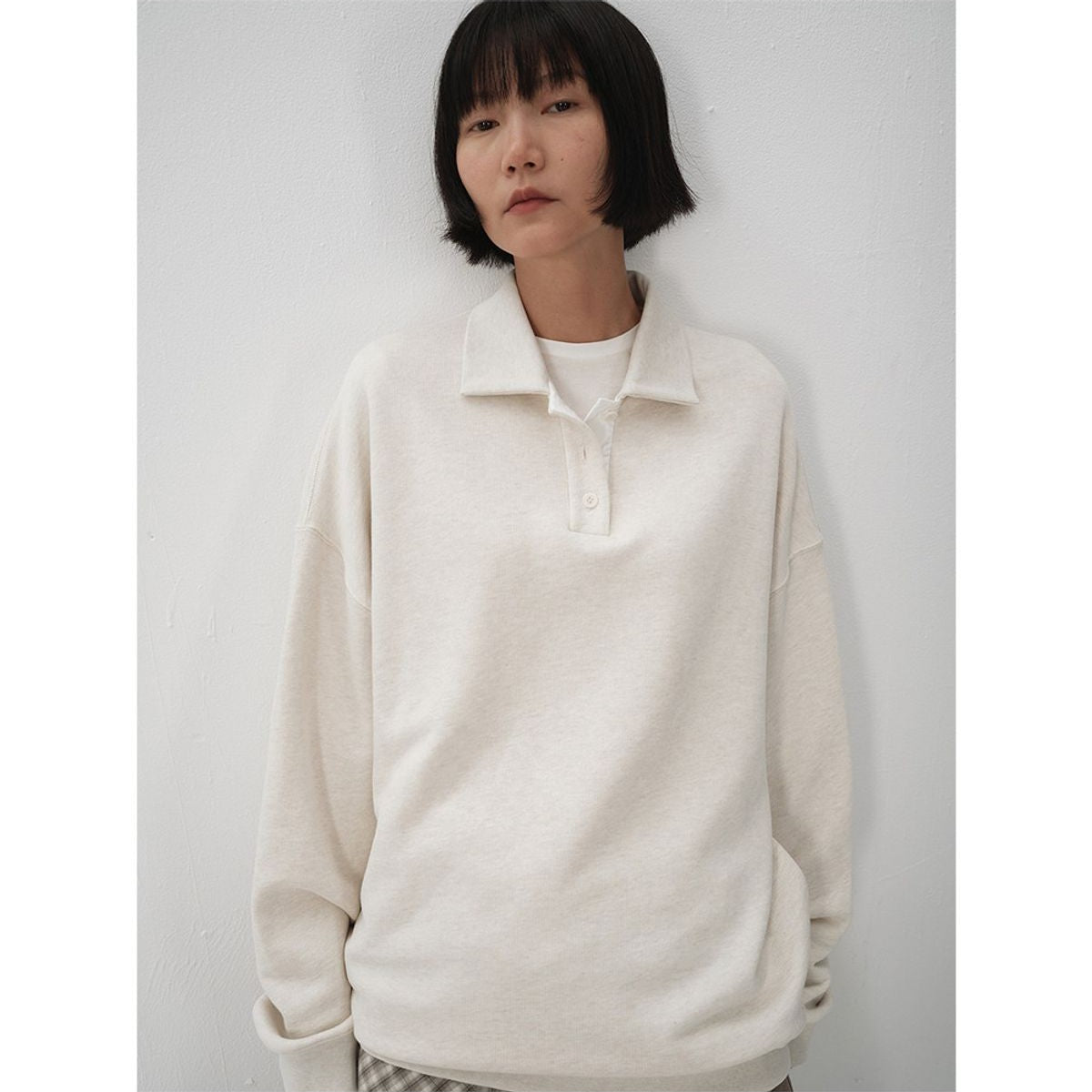 RandomPiece Cotton Polo Collar Sweatshirt in Beige - On Model