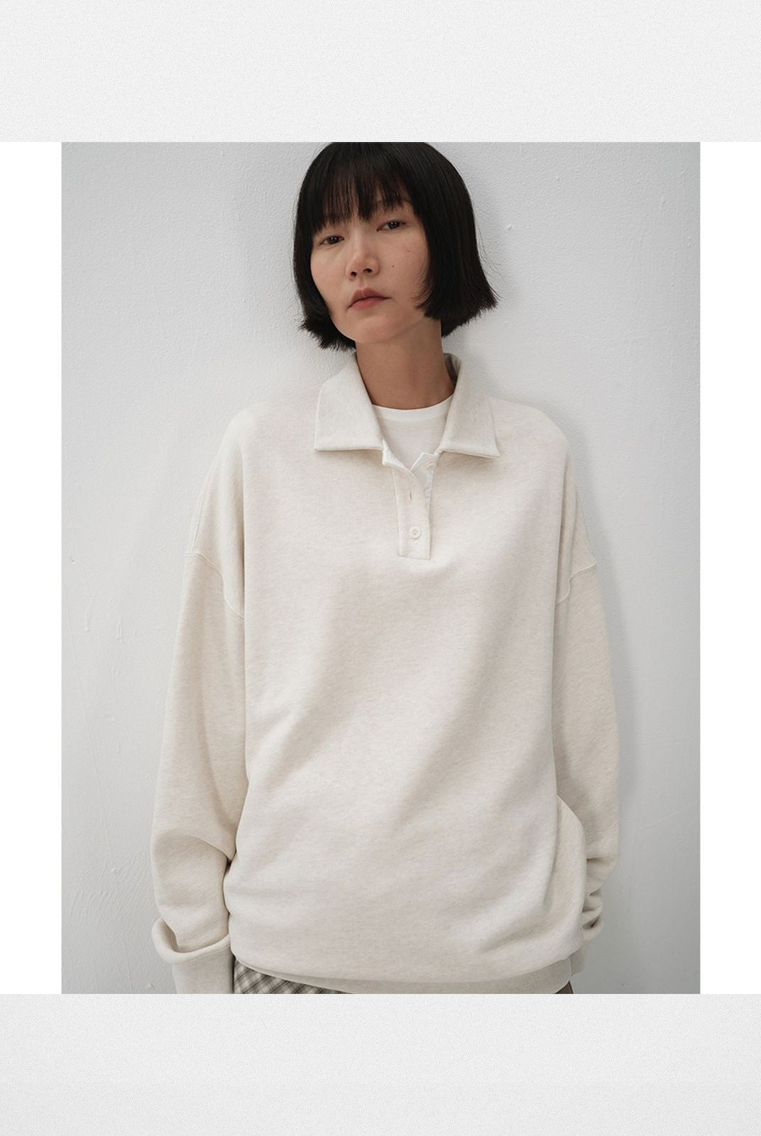 RandomPiece Cotton Polo Collar Sweatshirt in Beige - On Model