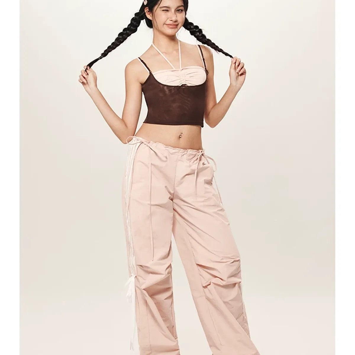 BeerBro Drawstring Wide Leg Parachute Pants in Pink - On Model