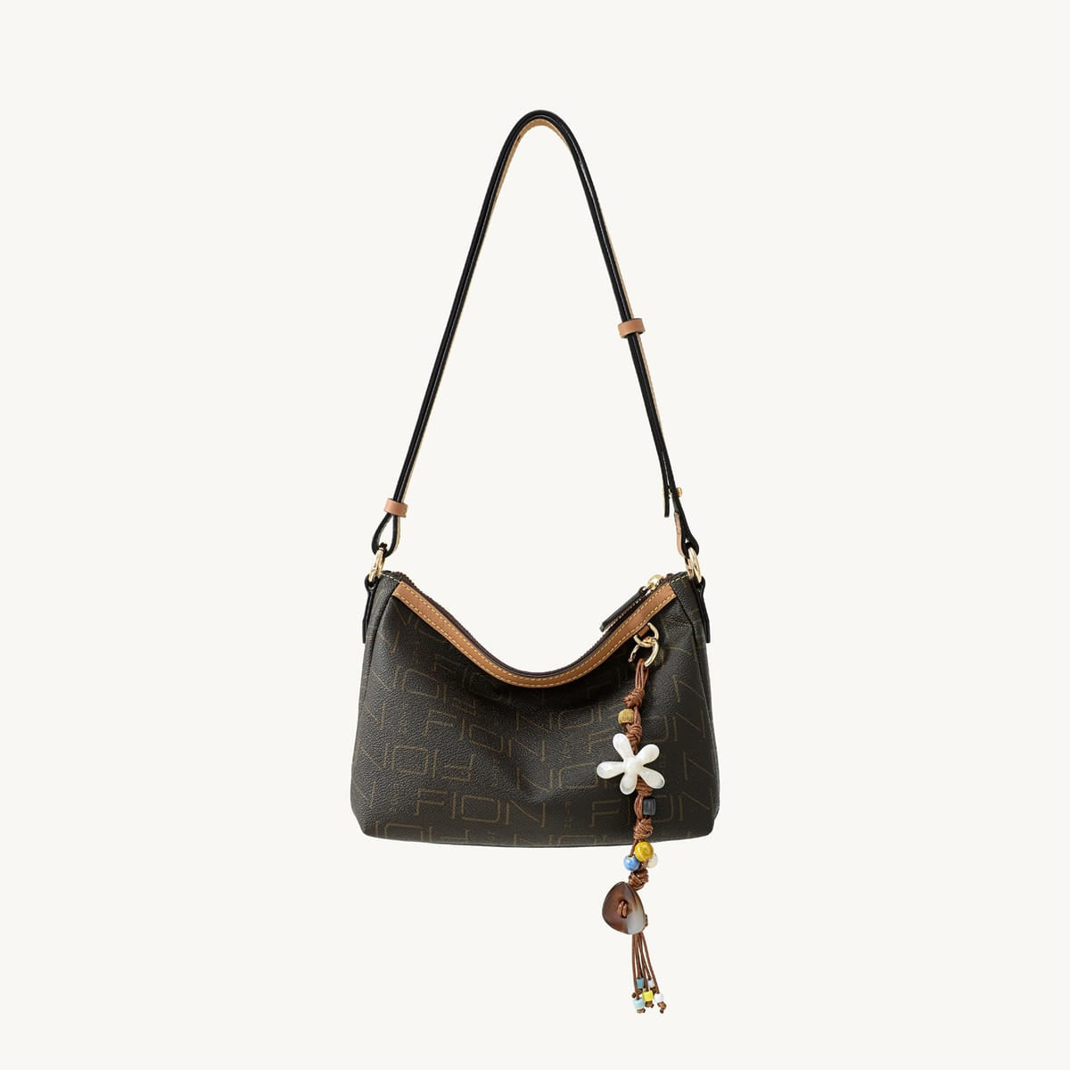 FION Monogram Faux Leather Shoulder Bag in Brown