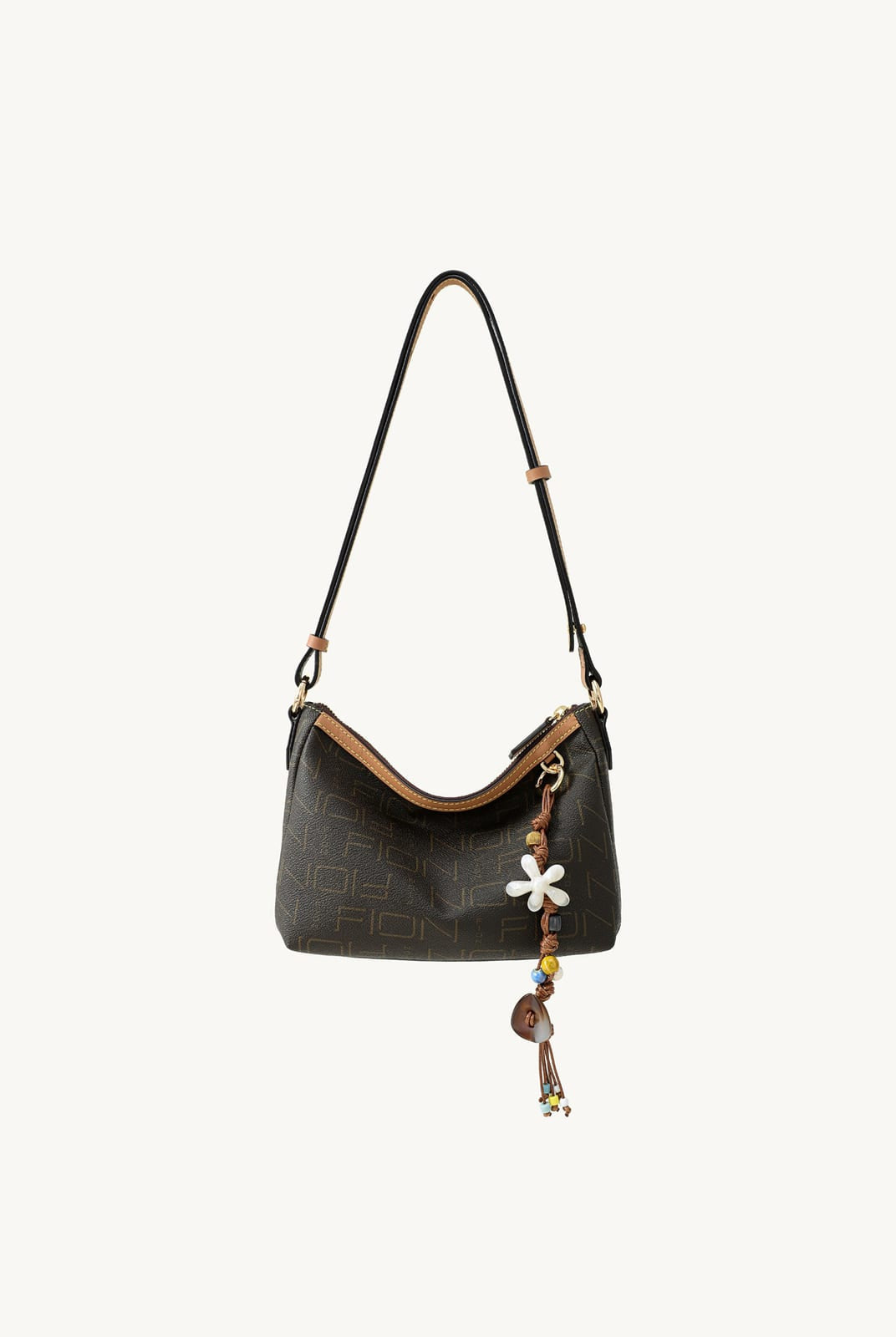 FION Monogram Faux Leather Shoulder Bag in Brown