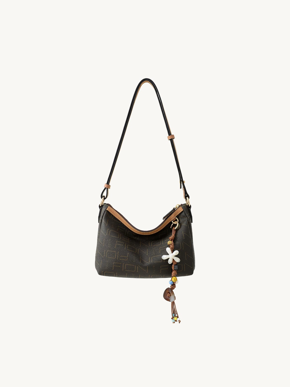 FION Monogram Faux Leather Shoulder Bag in Brown