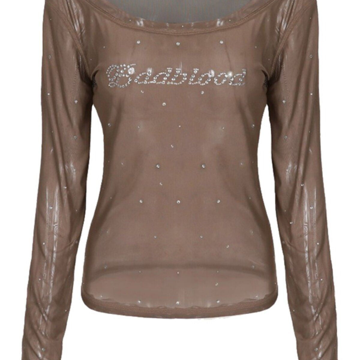 BADSEED Sheer Mesh Rhinestone Off Shoulder Top in Brown