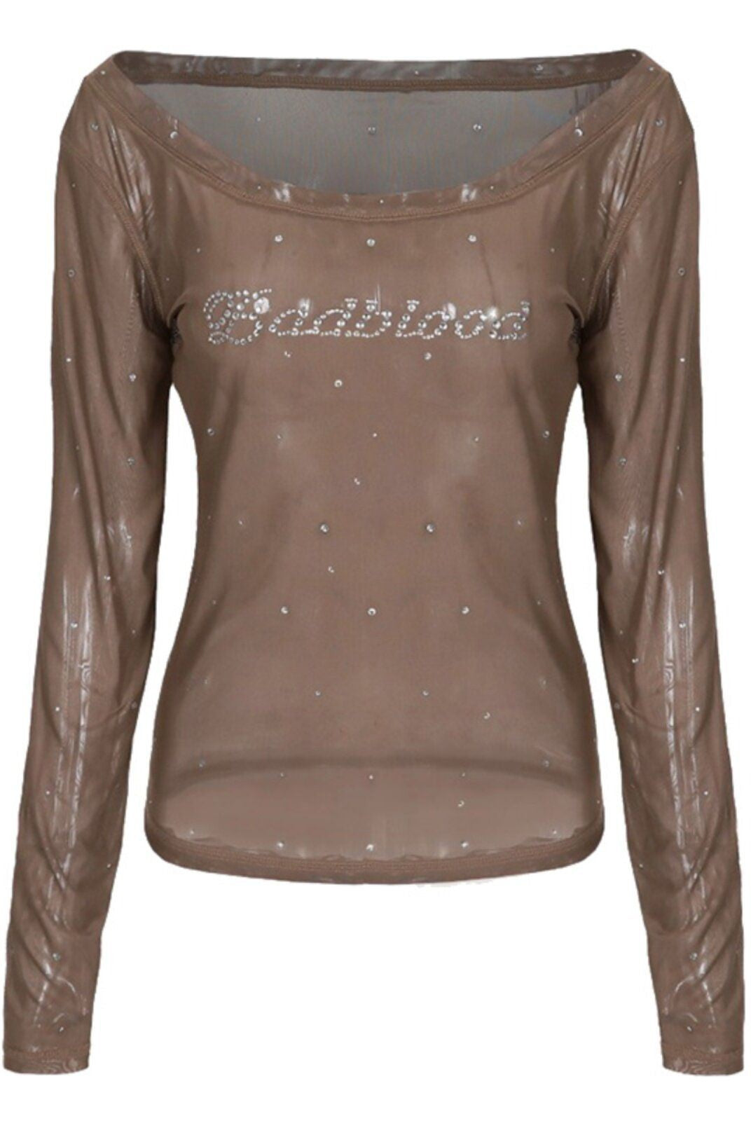 BADSEED Sheer Mesh Rhinestone Off Shoulder Top in Brown