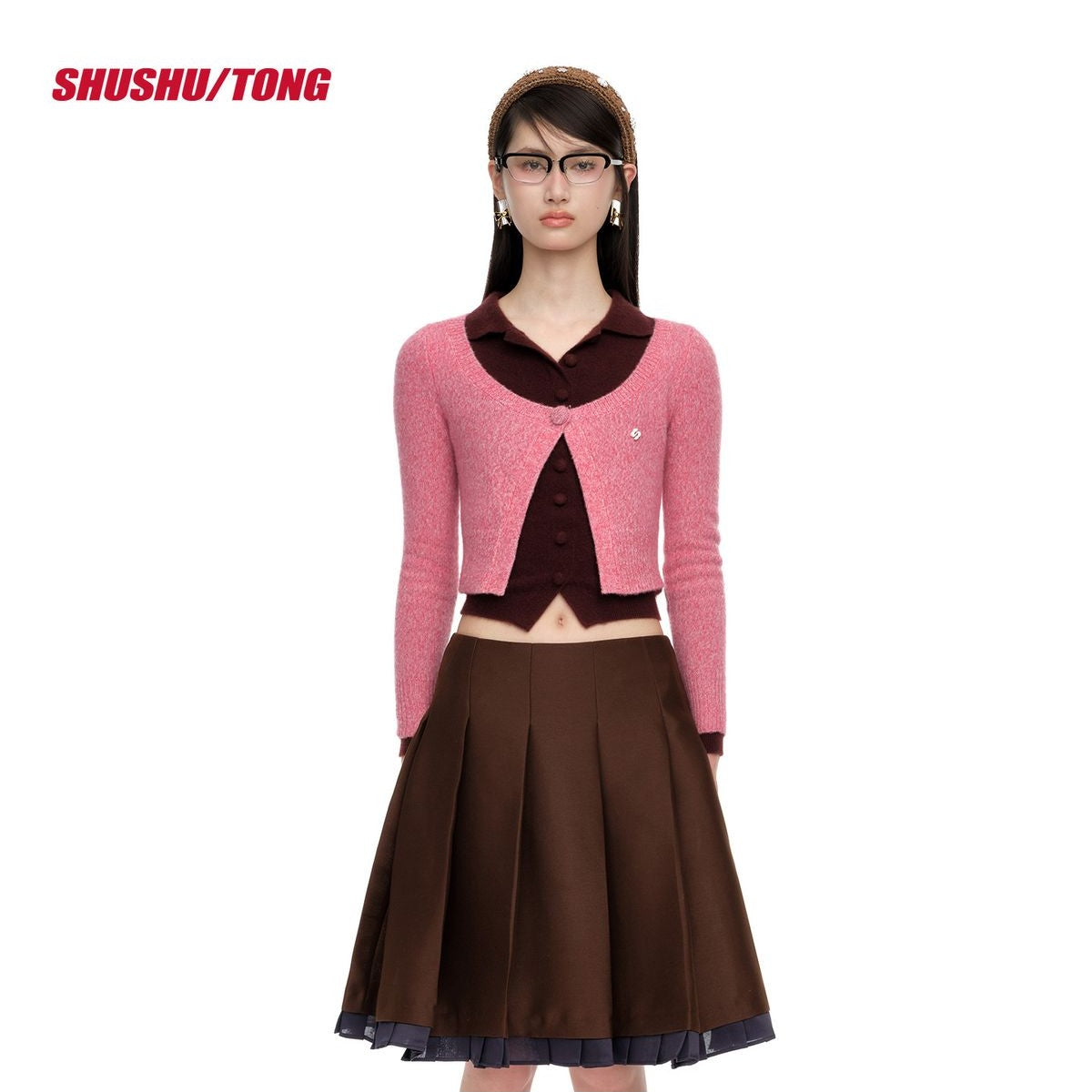 SHUSHUTONG Single Button Wool Cashmere Cardigan in Pink - On Model