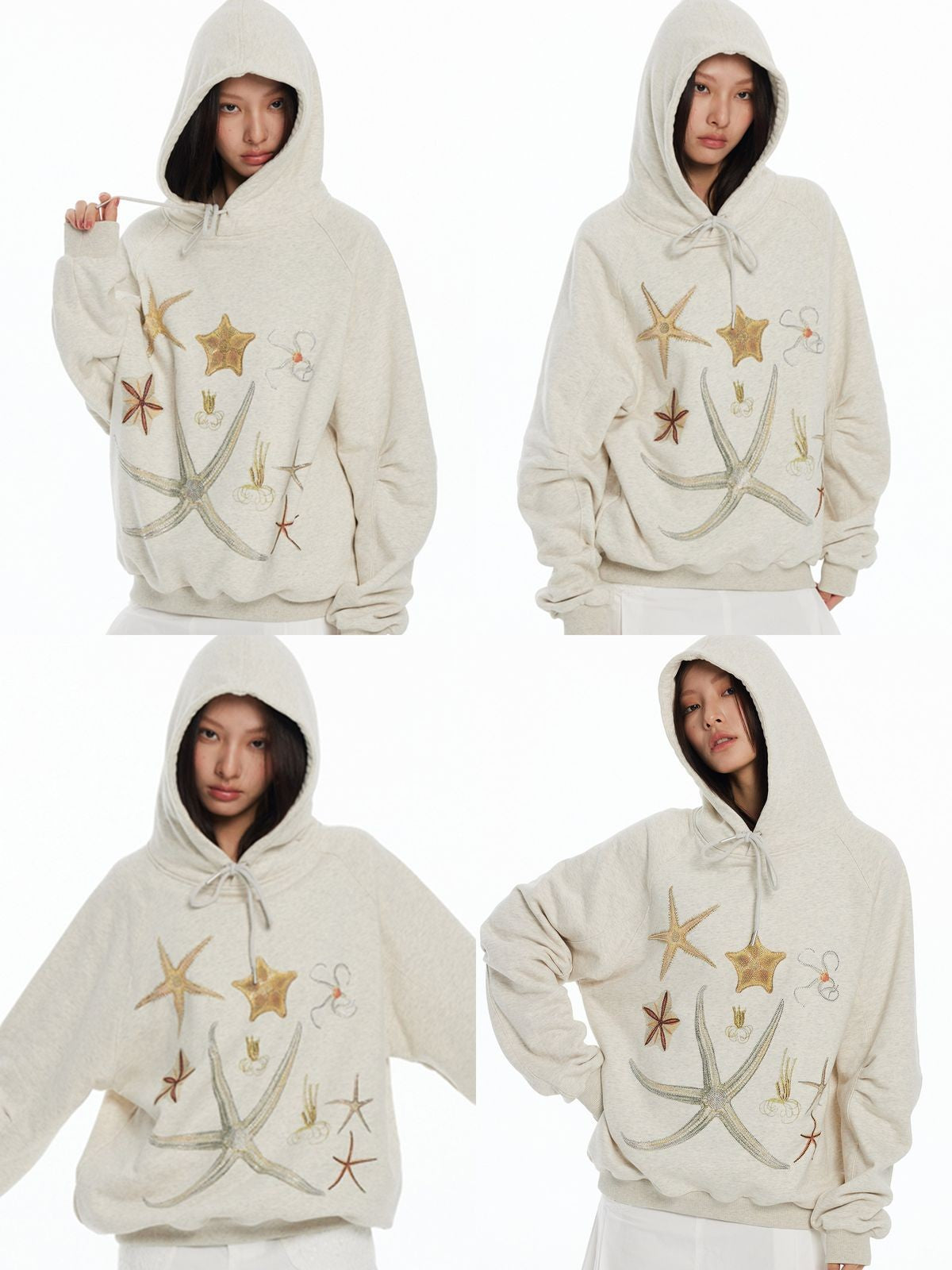 THELIGHT OFFICIAL Starfish Embroidered Fleece Hoodie in Beige - On Model