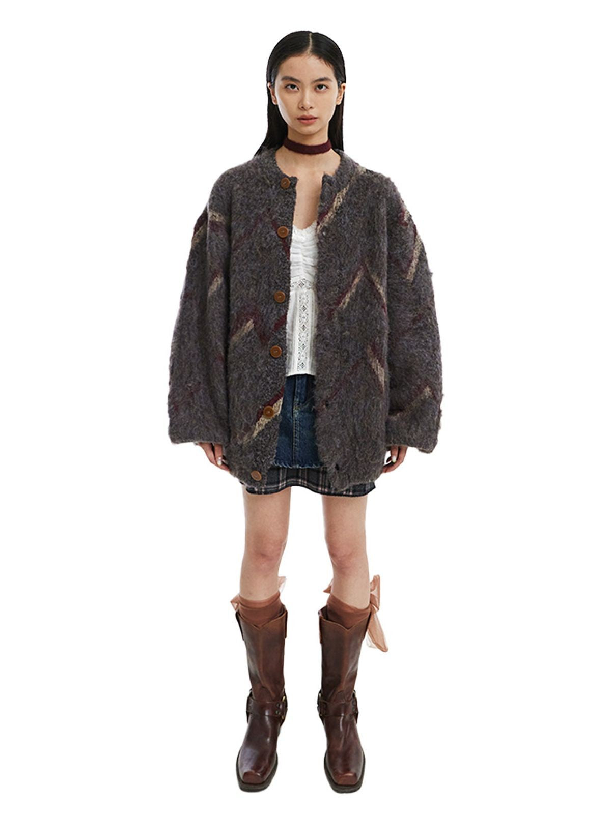 NeverSeez Plush Wool Blend Lantern Cardigan in Gray - On Female Model