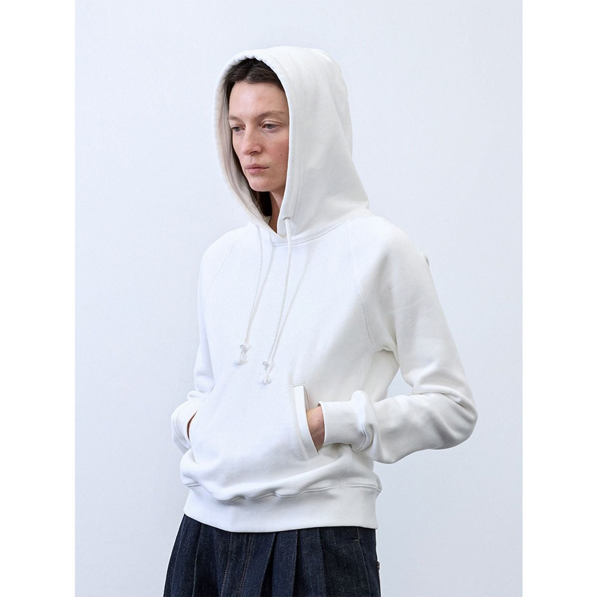 RandomPiece Cropped Cotton Lyocell Hoodie in White - On Model