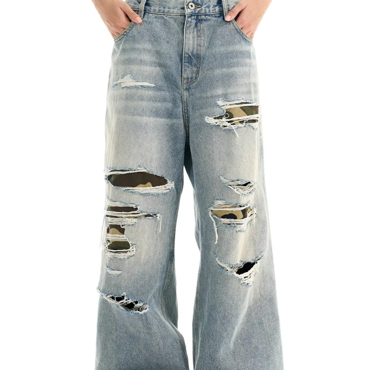BLINDNOPLAN Distressed Camo Patch Jeans in Blue - On Model