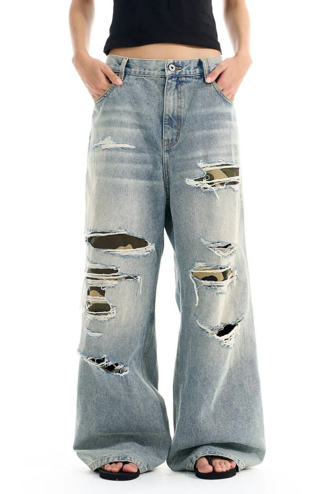 BLINDNOPLAN Distressed Camo Patch Jeans in Blue - On Model