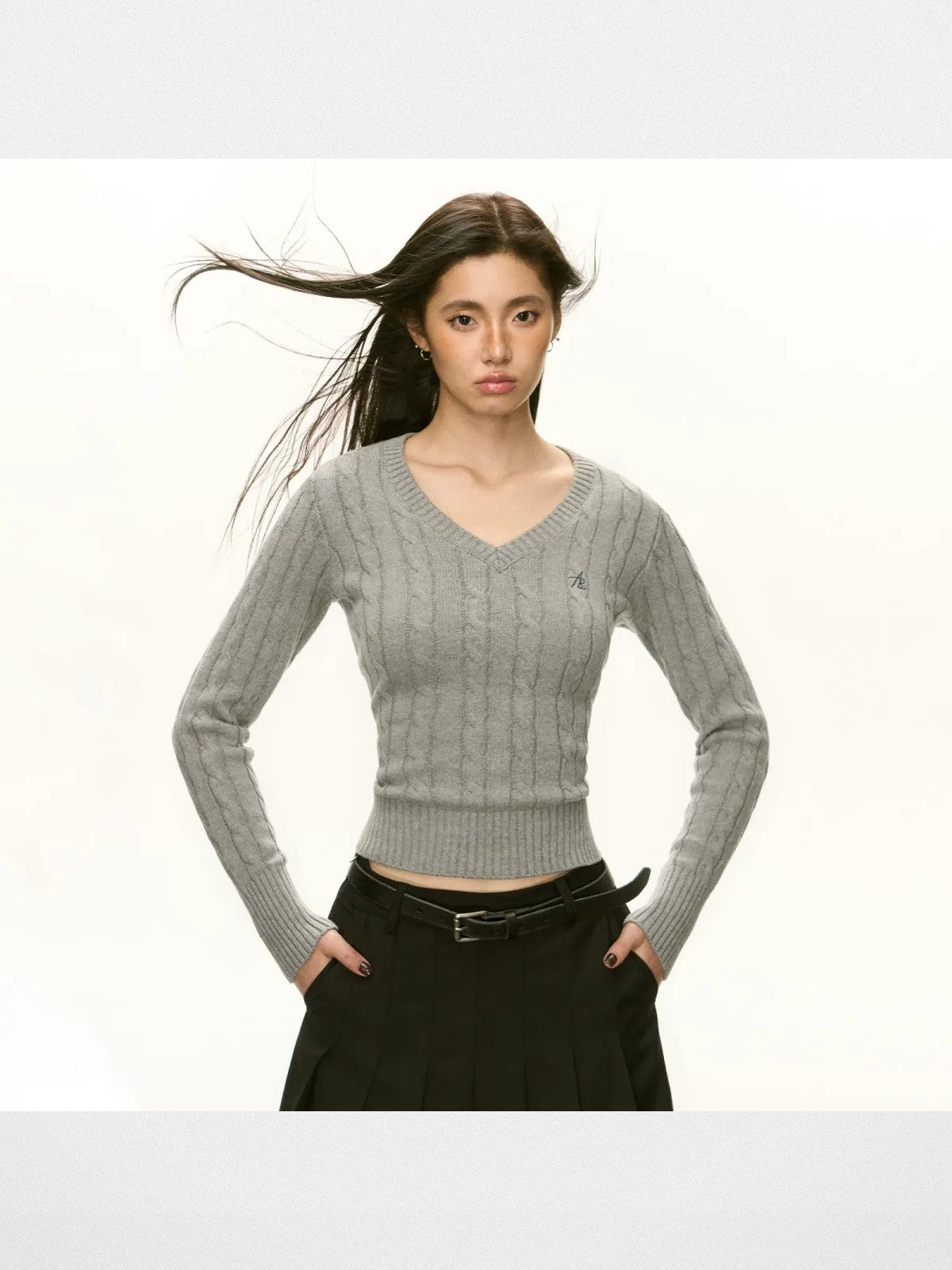 Ariseism Slim V Neck Cable Knit Sweater in Gray - On Model