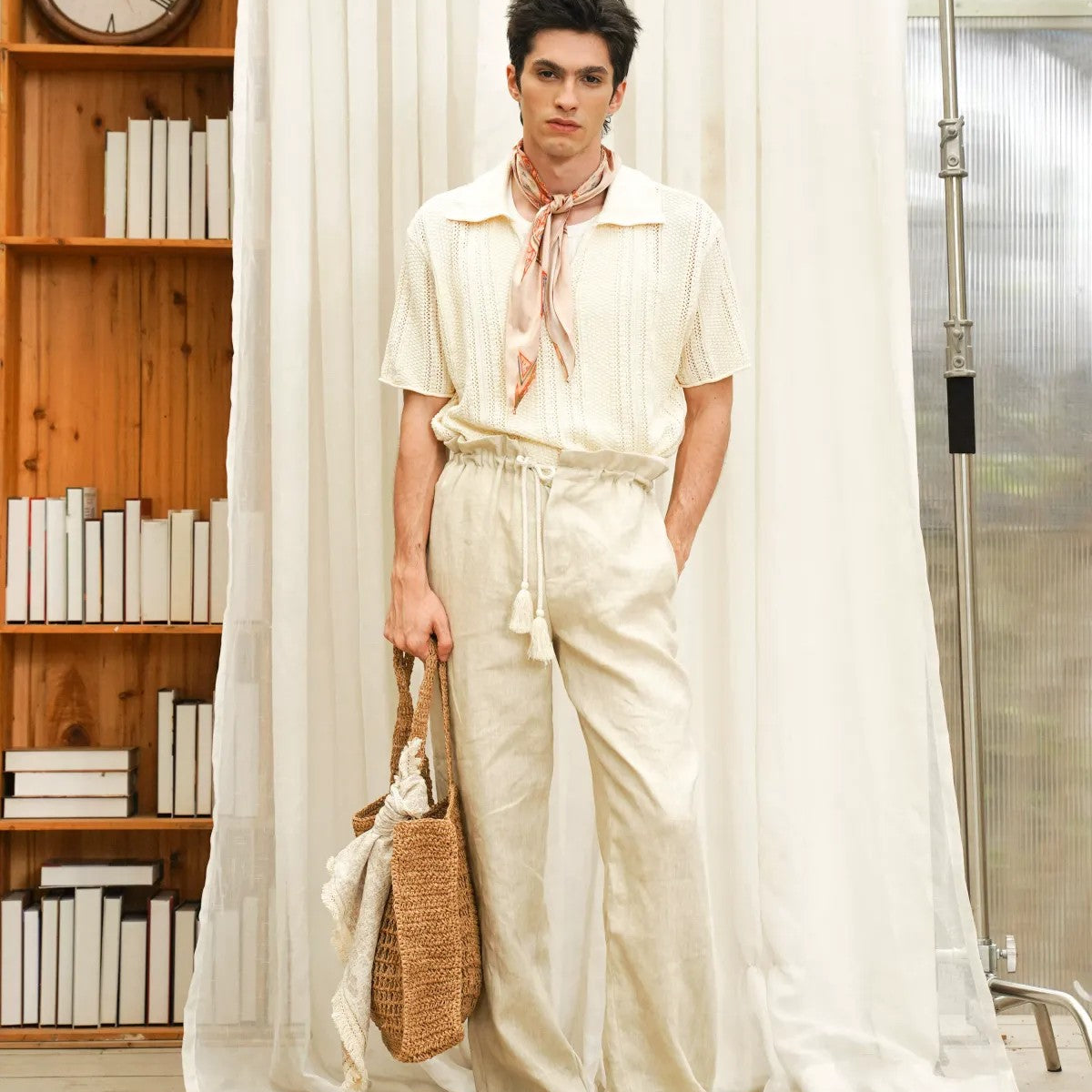 Retro 21 Handmade Raffia Cutout Tote Bag in Khaki - On Model