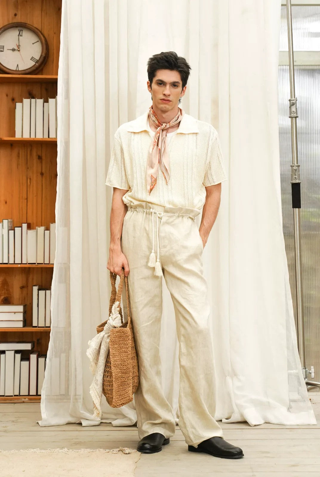 Retro 21 Handmade Raffia Cutout Tote Bag in Khaki - On Model