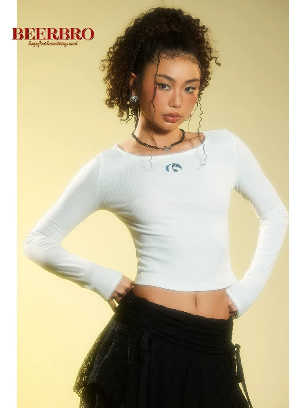 BeerBro Ribbed Embroidered Long Sleeve Top in White - On Model