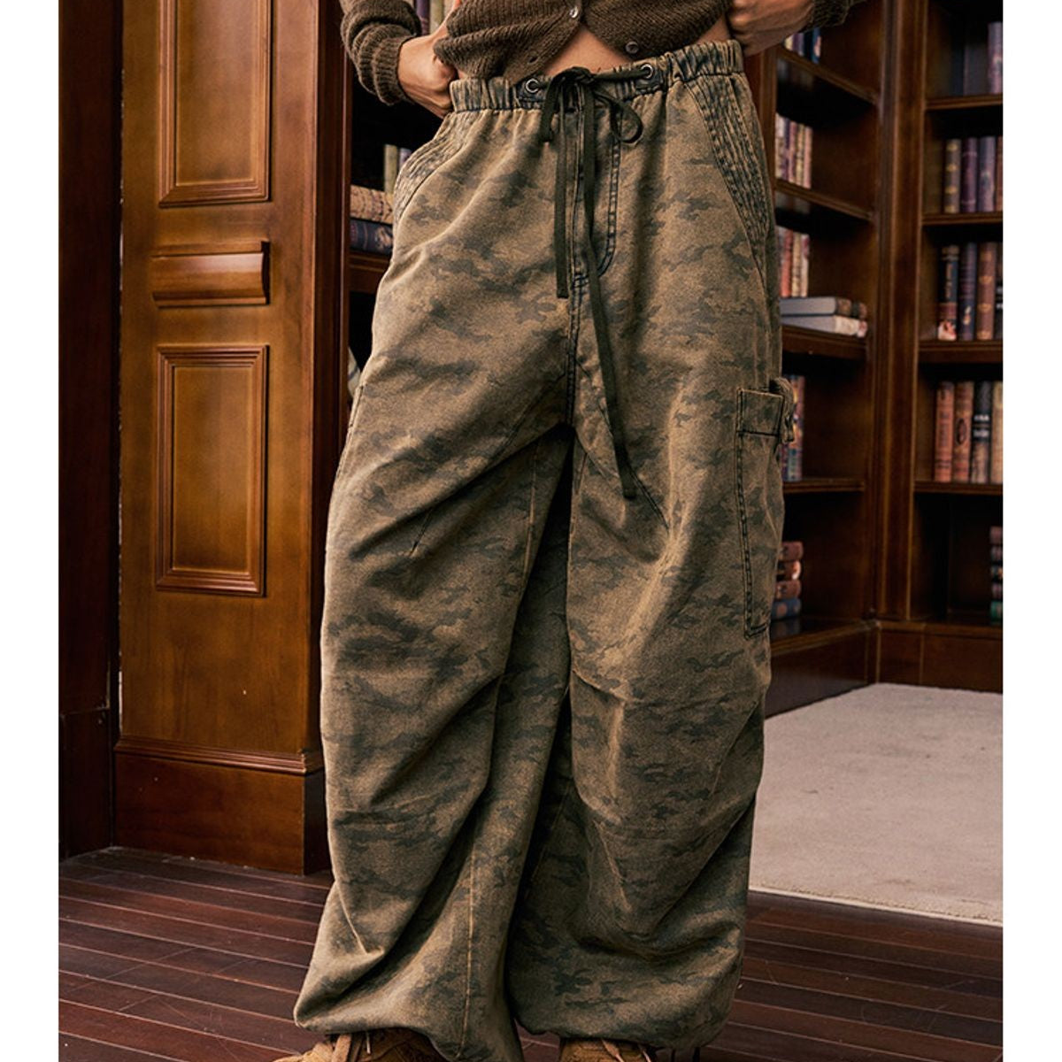 BeerBro Washed Camo Parachute Cargo Pants in Olive - On Model