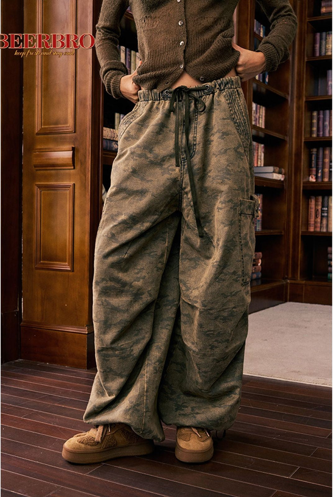 BeerBro Washed Camo Parachute Cargo Pants in Olive - On Model