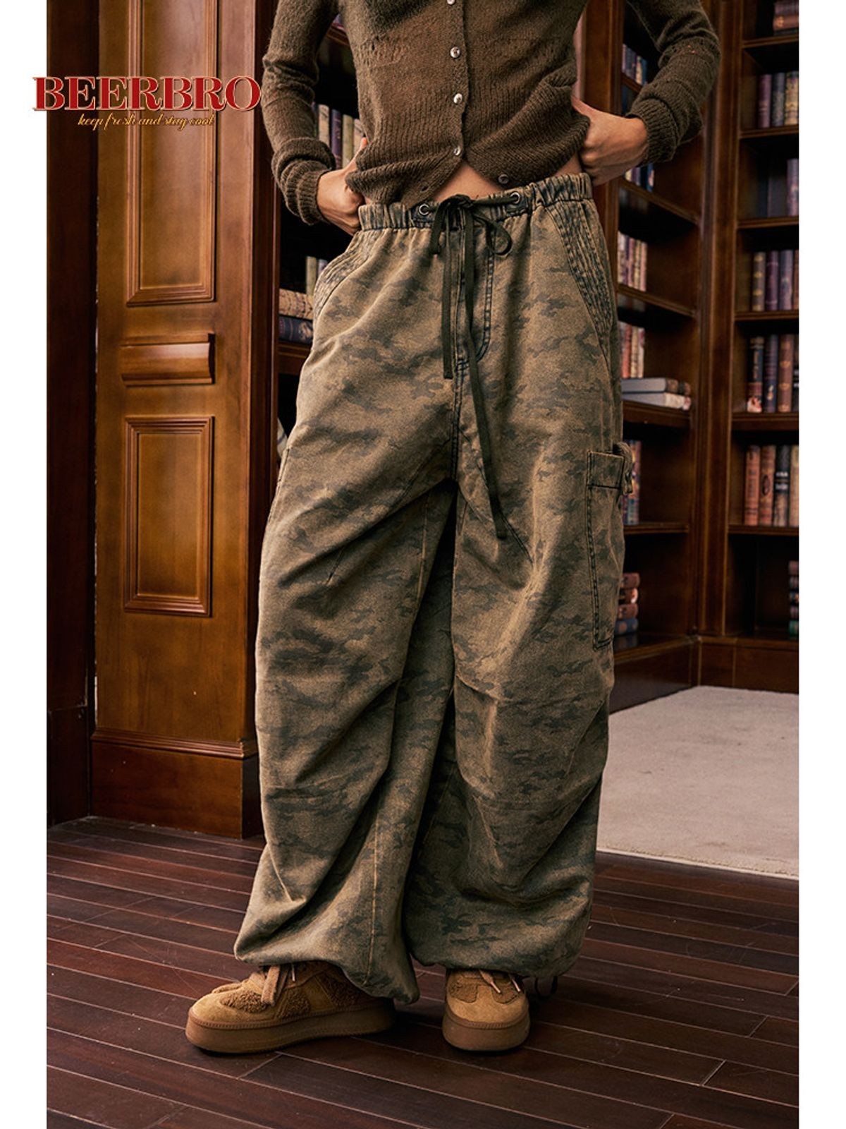 BeerBro Washed Camo Parachute Cargo Pants in Olive - On Model