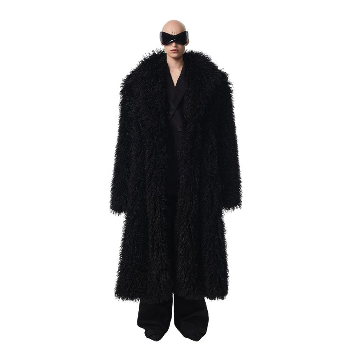 Triangle Project Oversized Long Pile Faux Fur Coat in Black - On Model