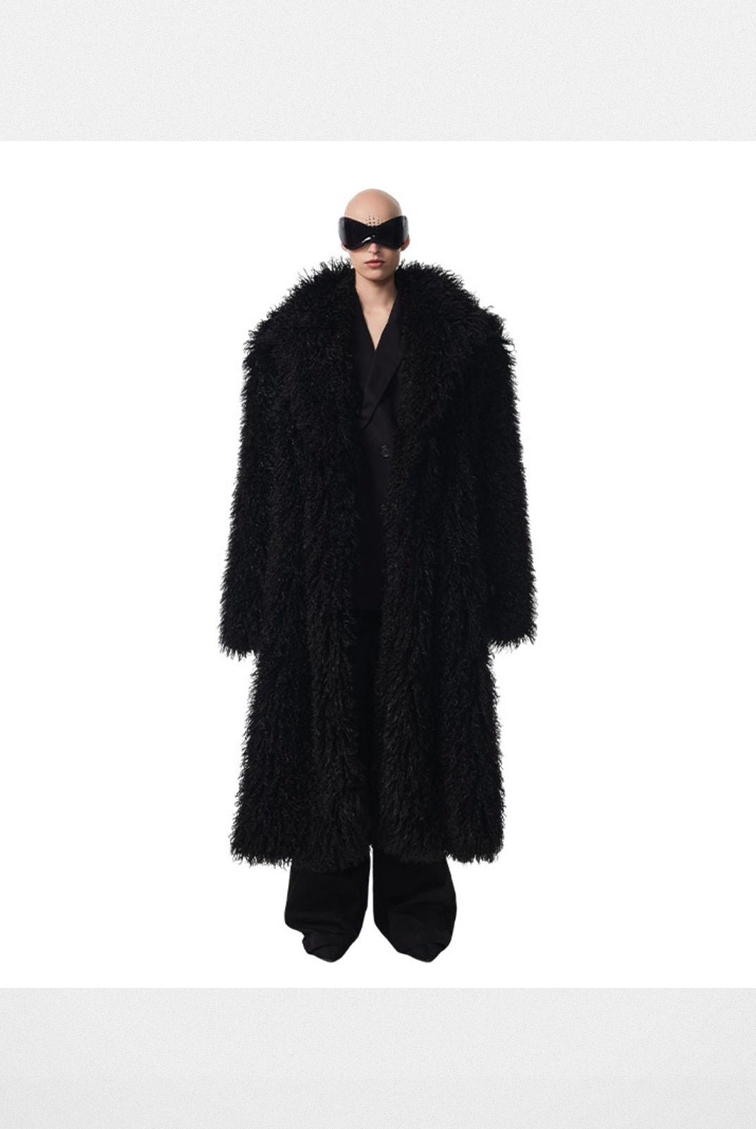 Triangle Project Oversized Long Pile Faux Fur Coat in Black - On Model