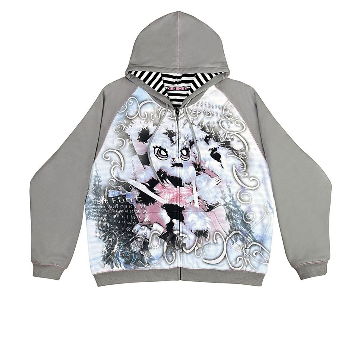 CFIERCE Abandoned Bunny Print Zip Up Hoodie in Gray