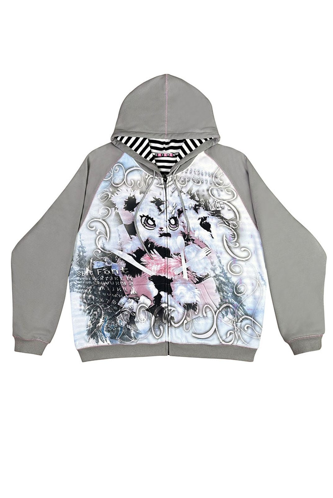CFIERCE Abandoned Bunny Print Zip Up Hoodie in Gray