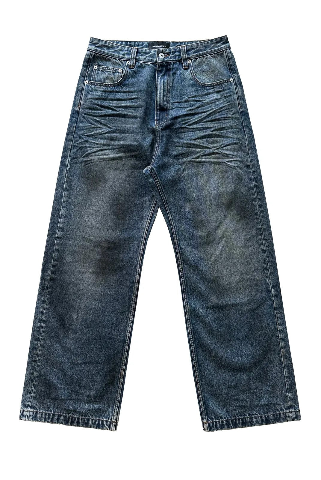 UNKNOWNWORLD Oil Stain Mud Dye Straight Jeans in Blue