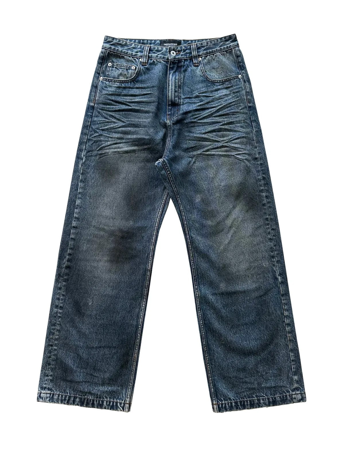 UNKNOWNWORLD Oil Stain Mud Dye Straight Jeans in Blue
