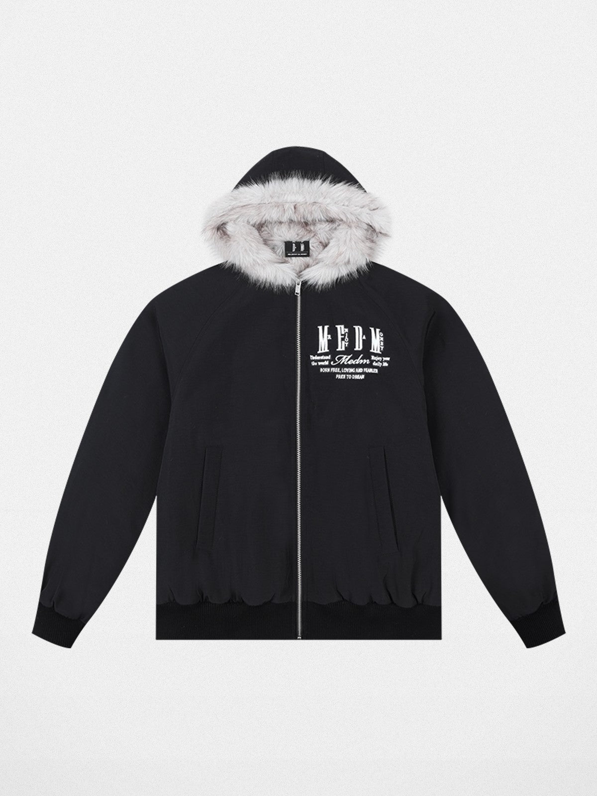 MEDM Faux Fur Trim Padded Jacket in Black